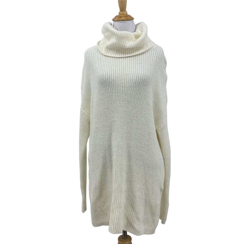 Halogen Cowl Neck Sweater Dress Womens M Medium Ivory Ribbed Long Sleeve Knit